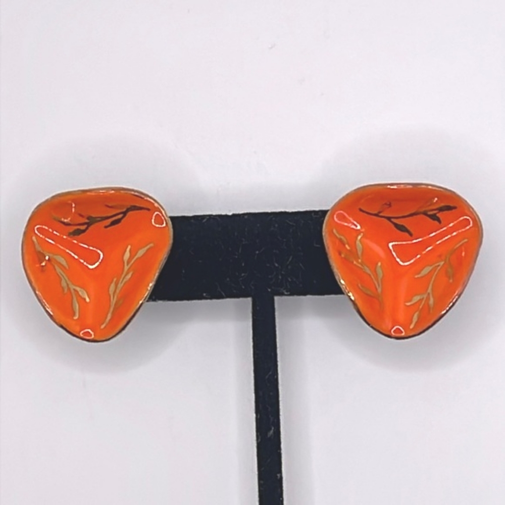 Unsigned Vintage Orange Enamel Screw-on Earrings with Gold Leaf Design